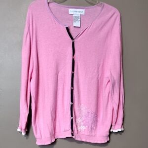 Sag Harbor Vintage Pink Full Button Sweater W Flower Bead Embellishments Size XL